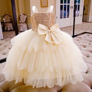 NWT Elegant Cream Tulle Girls Dress with Gold Sequin Bodice